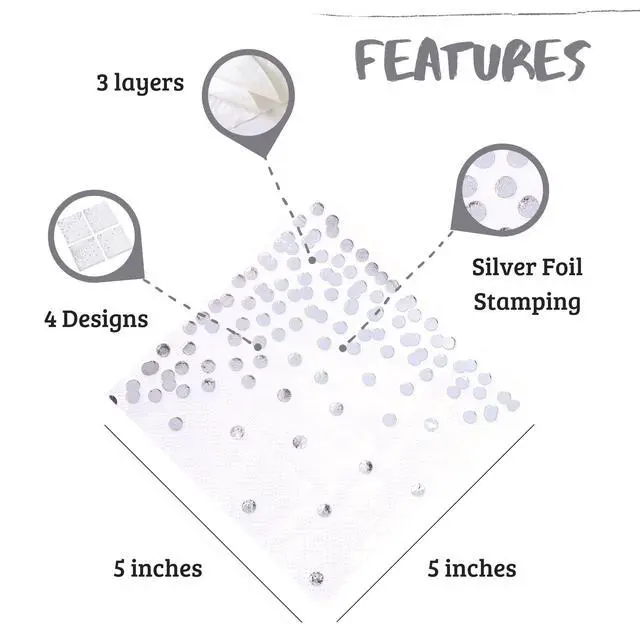 Alt view image 2 of 5 - 100 Silver Napkins - 4 Assorted Designs l 3-Ply Cocktail Napkins Paper Folded 5 x 5 Inches l Bar Napkins Disposable Party Napkin for Wedding Baby Shower Birthday (Assorted Pink)