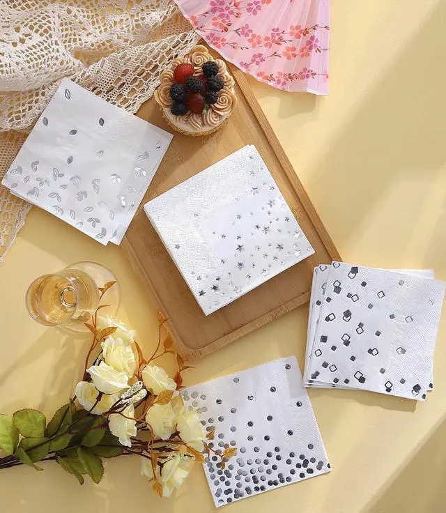 Alt view image 3 of 5 - 100 Silver Napkins - 4 Assorted Designs l 3-Ply Cocktail Napkins Paper Folded 5 x 5 Inches l Bar Napkins Disposable Party Napkin for Wedding Baby Shower Birthday (Assorted Pink)