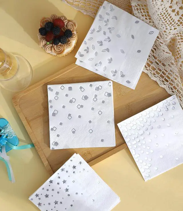 Alt view image 5 of 5 - 100 Silver Napkins - 4 Assorted Designs l 3-Ply Cocktail Napkins Paper Folded 5 x 5 Inches l Bar Napkins Disposable Party Napkin for Wedding Baby Shower Birthday (Assorted Pink)