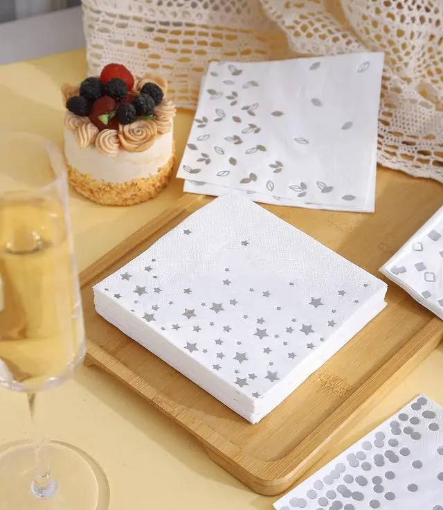 Alt view image 4 of 5 - 100 Silver Napkins - 4 Assorted Designs l 3-Ply Cocktail Napkins Paper Folded 5 x 5 Inches l Bar Napkins Disposable Party Napkin for Wedding Baby Shower Birthday (Assorted Pink)