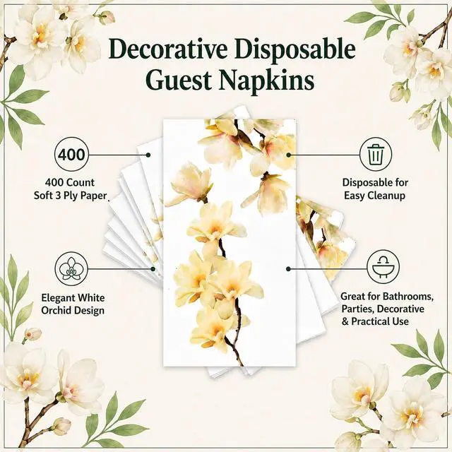 Alt view image 3 of 7 - White Orchid Floral Guest Napkins 100 Count Disposable Paper Hand Towels for Bathroom Party Wedding Spring Dinner Buffet Decor