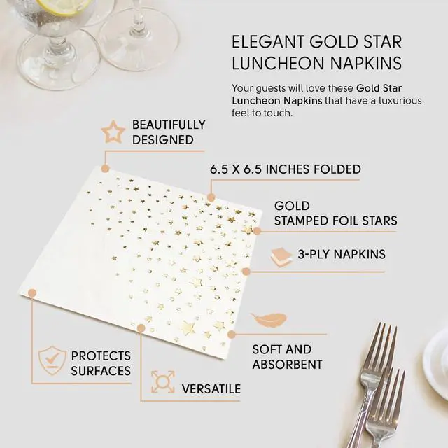 Alt view image 6 of 7 - Stylish White and Gold Star Napkins - 50 Disposable Dinner Napkins, 6.5 x 6.5 Inch, Paper, Decorative for Parties