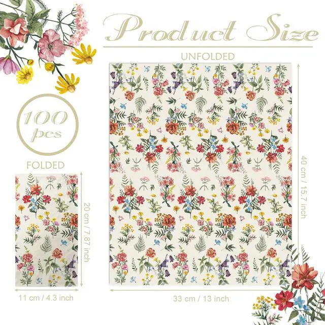 Alt view image 2 of 7 - 100 Flower Napkins Watercolor Floral Vintage Wild Flower Disposable Hand Towels Decorative Paper Guest for Bathroom Toilet Powder Room Wedding Birthday Bridal Party Decor