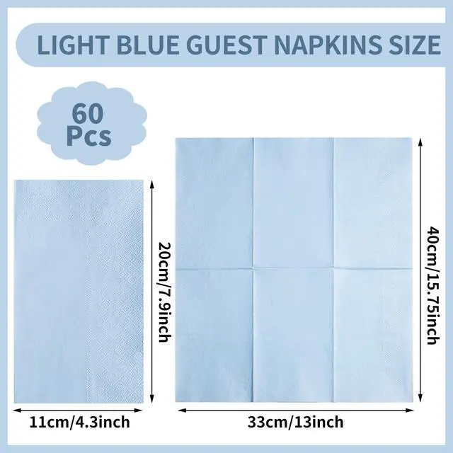 Alt view image 2 of 7 - 60 Pcs Light Blue Napkins, Disposable Blue Dinner Napkins Decorative Paper Hand Towels for Bathroom Paper Napkin for Wedding, Baby Shower, Bathroom, Kitchen