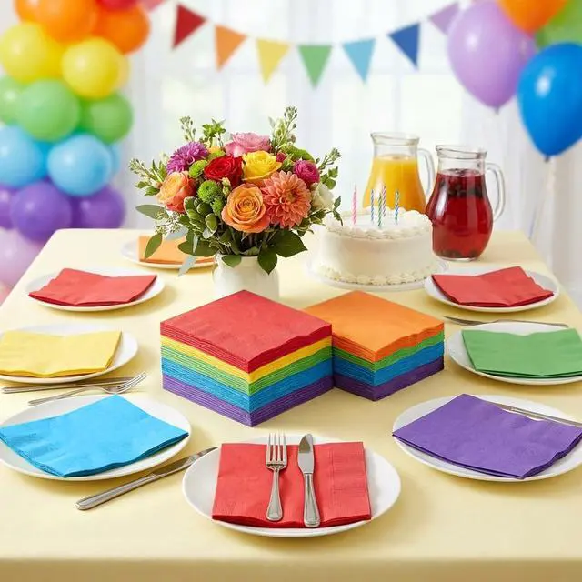 Alt view image 3 of 7 - 120 Pieces Multicolor Rainbow Cocktail Paper Napkin 6 Colors Beverage Luncheon Napkins 2 Ply for Hawaii Tropical Luau Birthday Baby Shower Party Decoration