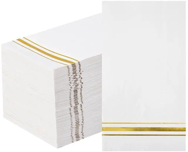 Main image of 100 3-Ply Gold Napkins Disposable Elegant Dinner Paper Napkins, White and Gold Foil Guest Napkins Hand Towels for Bathroom Wedding Kitchen Birthday Parties Graduation