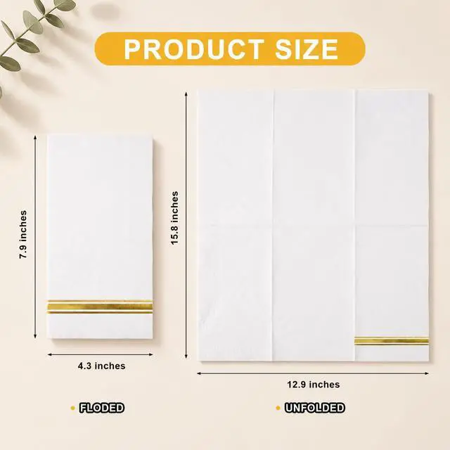 Alt view image 2 of 7 - 100 3-Ply Gold Napkins Disposable Elegant Dinner Paper Napkins, White and Gold Foil Guest Napkins Hand Towels for Bathroom Wedding Kitchen Birthday Parties Graduation