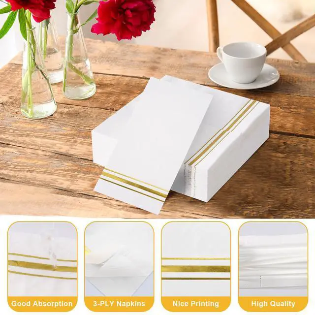Alt view image 3 of 7 - 100 3-Ply Gold Napkins Disposable Elegant Dinner Paper Napkins, White and Gold Foil Guest Napkins Hand Towels for Bathroom Wedding Kitchen Birthday Parties Graduation