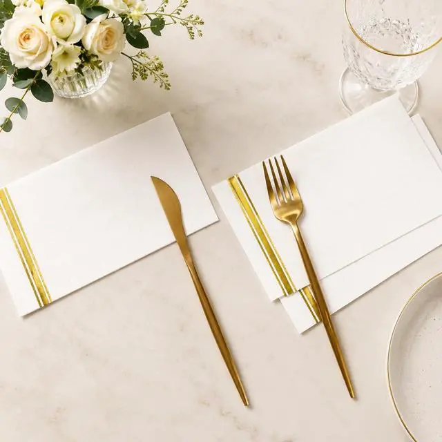 Alt view image 4 of 7 - 100 3-Ply Gold Napkins Disposable Elegant Dinner Paper Napkins, White and Gold Foil Guest Napkins Hand Towels for Bathroom Wedding Kitchen Birthday Parties Graduation