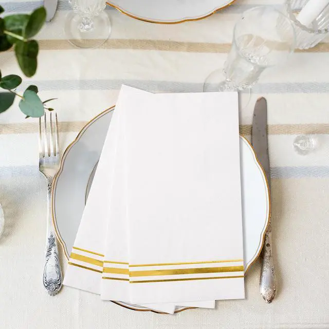 Alt view image 5 of 7 - 100 3-Ply Gold Napkins Disposable Elegant Dinner Paper Napkins, White and Gold Foil Guest Napkins Hand Towels for Bathroom Wedding Kitchen Birthday Parties Graduation