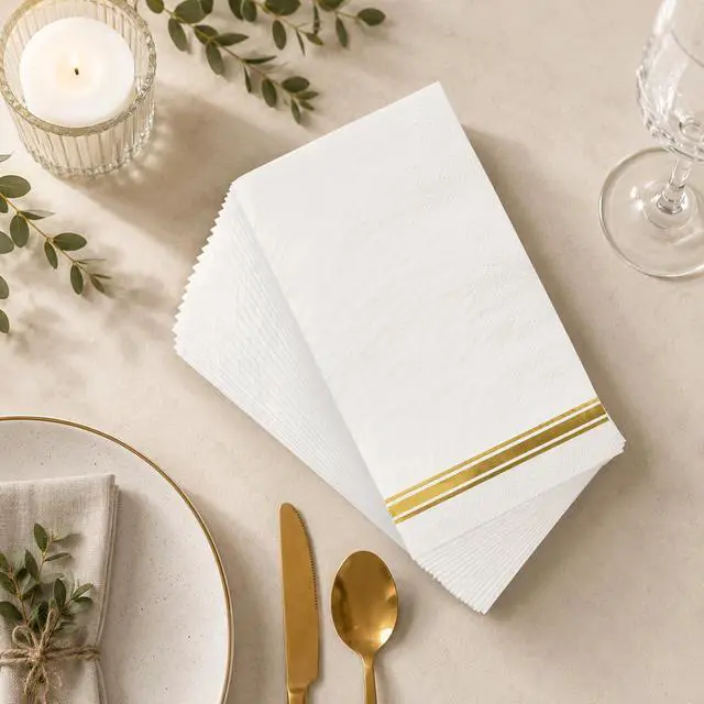 Alt view image 6 of 7 - 100 3-Ply Gold Napkins Disposable Elegant Dinner Paper Napkins, White and Gold Foil Guest Napkins Hand Towels for Bathroom Wedding Kitchen Birthday Parties Graduation