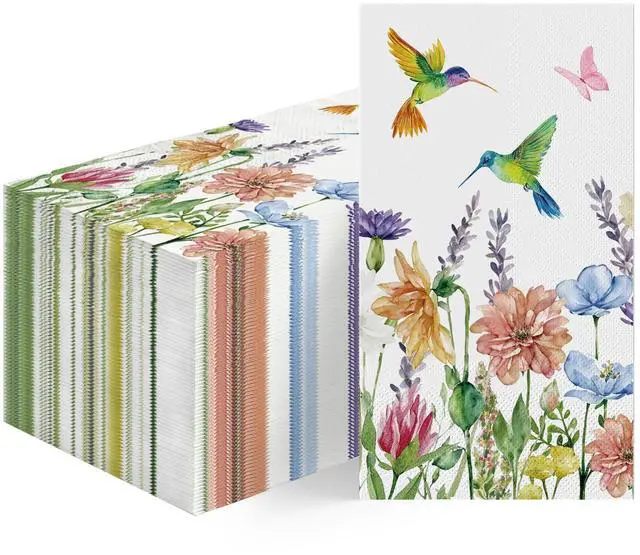Main image of 100 Spring Summer Disposable Paper Decorative Guest Napkins, Hummingbird Butterfly Flowers Watercolor Hand Towel for Party Lunch Dinner Kitchen Bathroom
