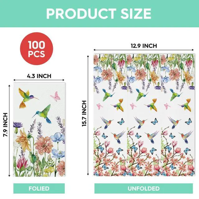 Alt view image 5 of 6 - 100 Spring Summer Disposable Paper Decorative Guest Napkins, Hummingbird Butterfly Flowers Watercolor Hand Towel for Party Lunch Dinner Kitchen Bathroom