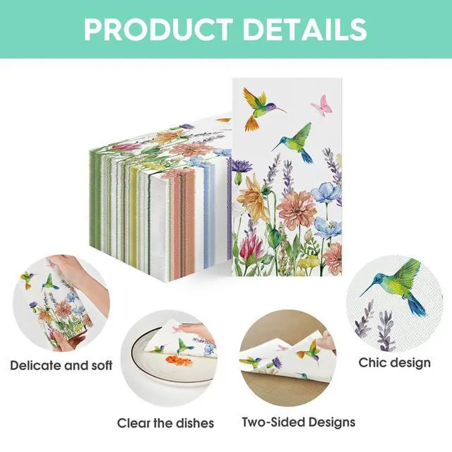 Alt view image 6 of 6 - 100 Spring Summer Disposable Paper Decorative Guest Napkins, Hummingbird Butterfly Flowers Watercolor Hand Towel for Party Lunch Dinner Kitchen Bathroom