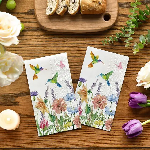 Alt view image 2 of 6 - 100 Spring Summer Disposable Paper Decorative Guest Napkins, Hummingbird Butterfly Flowers Watercolor Hand Towel for Party Lunch Dinner Kitchen Bathroom