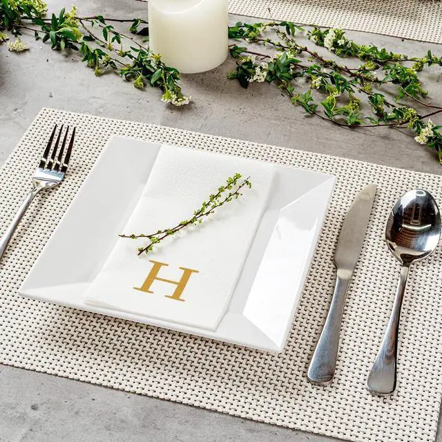 Alt view image 3 of 7 - Luxenap 15.8 X 7.9 Inch Linen-Feel Guest Towels, 50 Lettered Hand Towels - Gold Letter 'H', Sans Serif Font, White Paper Dinner Napkins, airlaid, For Restrooms And Tables
