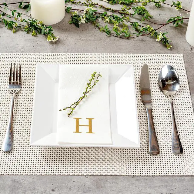Alt view image 4 of 7 - Luxenap 15.8 X 7.9 Inch Linen-Feel Guest Towels, 50 Lettered Hand Towels - Gold Letter 'H', Sans Serif Font, White Paper Dinner Napkins, airlaid, For Restrooms And Tables