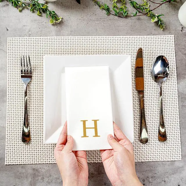 Alt view image 5 of 7 - Luxenap 15.8 X 7.9 Inch Linen-Feel Guest Towels, 50 Lettered Hand Towels - Gold Letter 'H', Sans Serif Font, White Paper Dinner Napkins, airlaid, For Restrooms And Tables