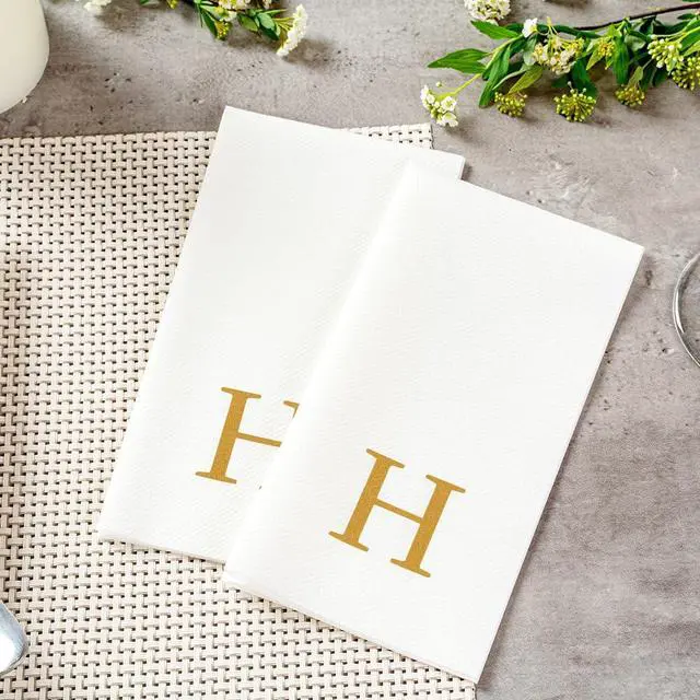Alt view image 6 of 7 - Luxenap 15.8 X 7.9 Inch Linen-Feel Guest Towels, 50 Lettered Hand Towels - Gold Letter 'H', Sans Serif Font, White Paper Dinner Napkins, airlaid, For Restrooms And Tables