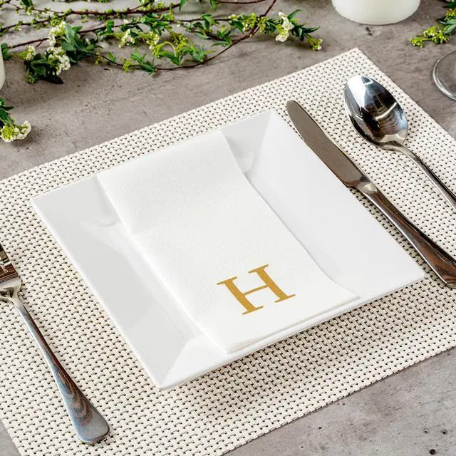 Alt view image 7 of 7 - Luxenap 15.8 X 7.9 Inch Linen-Feel Guest Towels, 50 Lettered Hand Towels - Gold Letter 'H', Sans Serif Font, White Paper Dinner Napkins, airlaid, For Restrooms And Tables