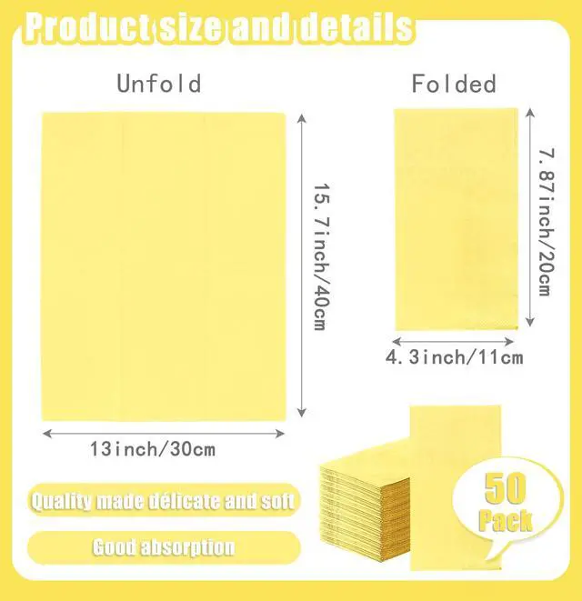 Alt view image 3 of 7 - 50 Pieces Yellow Dinner Napkins 3-ply Guest Bathroom Napkins Disposable Hand Towels for Bathroom Wedding Birthday Party Yellow Paper Dinner Napkin