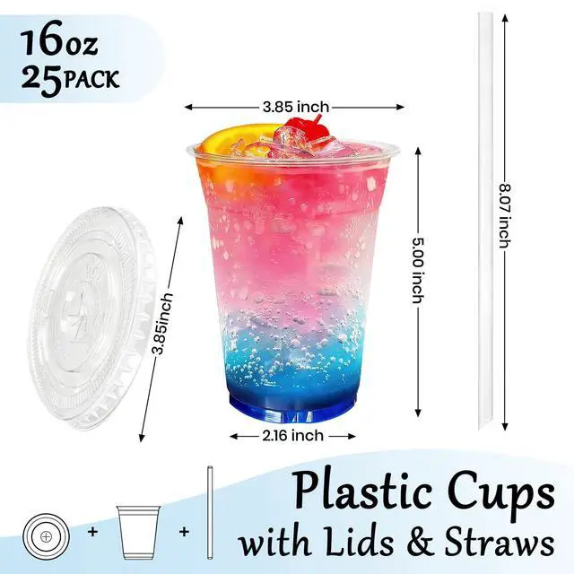 Alt view image 2 of 7 - 25 Pack 16 oz Clear Plastic Cups with Lids and Straws, Leak-Proof Disposable Iced Coffee Cups, BPA-Free PET Cold Drink Tumblers for Smoothie, Tea and Juice, Crystal Clear To Go Cups