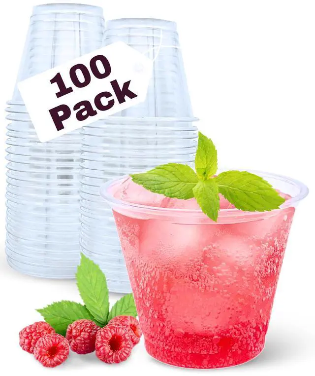 Main image of 100 Pack 9 oz Clear Plastic Cups, 9oz Clear Disposable Cups Wine Glasses, Recyclable Small Punch Cups for Cocktail, Juice, Water, Plastic Wine Cup for Parties, Events, Sampling & Everyday Use