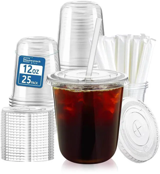 Main image of 25 Pack 12 oz Clear Plastic Cups with Lids and Straws, Leak-Proof Iced Coffee Cups BPA-Free Disposable To-Go Cups for Iced Coffee, Smoothies, Juice, Kids, Daily Use & Small Gatherings