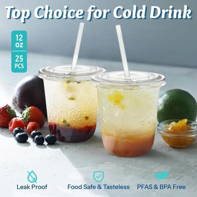 Alt view image 3 of 6 - 25 Pack 12 oz Clear Plastic Cups with Lids and Straws, Leak-Proof Iced Coffee Cups BPA-Free Disposable To-Go Cups for Iced Coffee, Smoothies, Juice, Kids, Daily Use & Small Gatherings