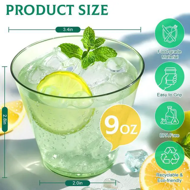 Alt view image 2 of 5 - 9 oz Clear Plastic Cups Green Plastic Disposable Cups for Cocktail 50 Pack Fancy Cocktail Cup for Party Stemless Wine Glasses for Wedding Graduation Birthday World Cup