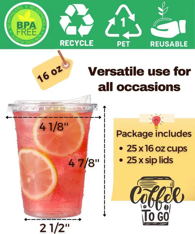 Alt view image 4 of 7 - 16 oz Clear Plastic Cups with Strawless-Sip-Lids, 25 Sets Disposable Cup Plastic Iced Coffee Cups, To Go Cup with Sip Through Lids for Smoothie, Milkshake, Cold Drinks for Party, Wedding, Event