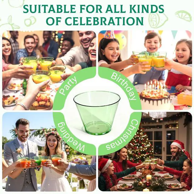 Alt view image 5 of 5 - 9 oz Clear Plastic Cups Green Plastic Disposable Cups for Cocktail 50 Pack Fancy Cocktail Cup for Party Stemless Wine Glasses for Wedding Graduation Birthday World Cup