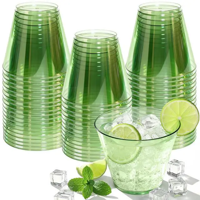 Main image of 9 oz Clear Plastic Cups Green Plastic Disposable Cups for Cocktail 50 Pack Fancy Cocktail Cup for Party Stemless Wine Glasses for Wedding Graduation Birthday World Cup