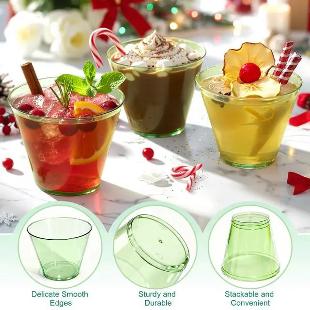Alt view image 3 of 5 - 9 oz Clear Plastic Cups Green Plastic Disposable Cups for Cocktail 50 Pack Fancy Cocktail Cup for Party Stemless Wine Glasses for Wedding Graduation Birthday World Cup