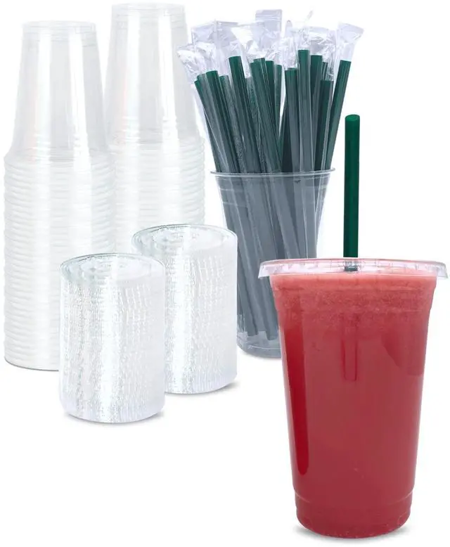Main image of 20 oz Clear Plastic Cups with Lids and STRAWS, Disposable Drinking Cups for Cold Drinks, Iced Coffee, Milkshakes, Smoothies, 25 Sets