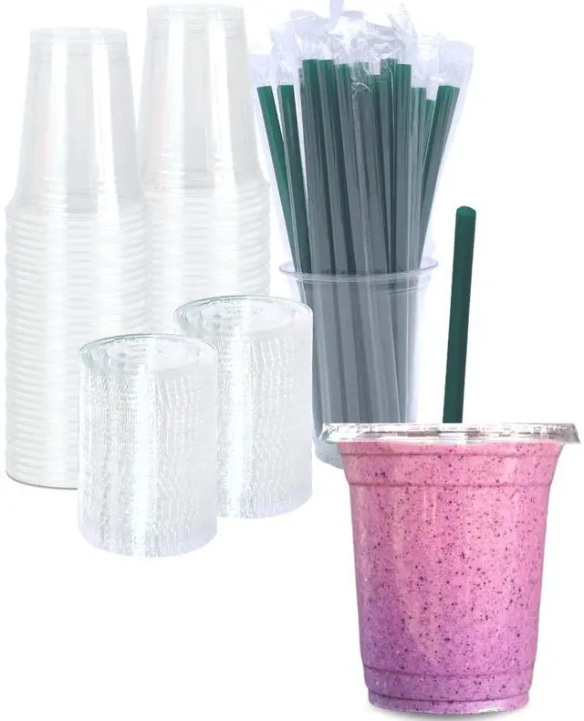 Main image of 12 oz Clear Plastic Cups with Lids and STRAWS, Disposable Drinking Cups for Cold Drinks, Iced Coffee, Milkshakes, Smoothies, 25 Sets