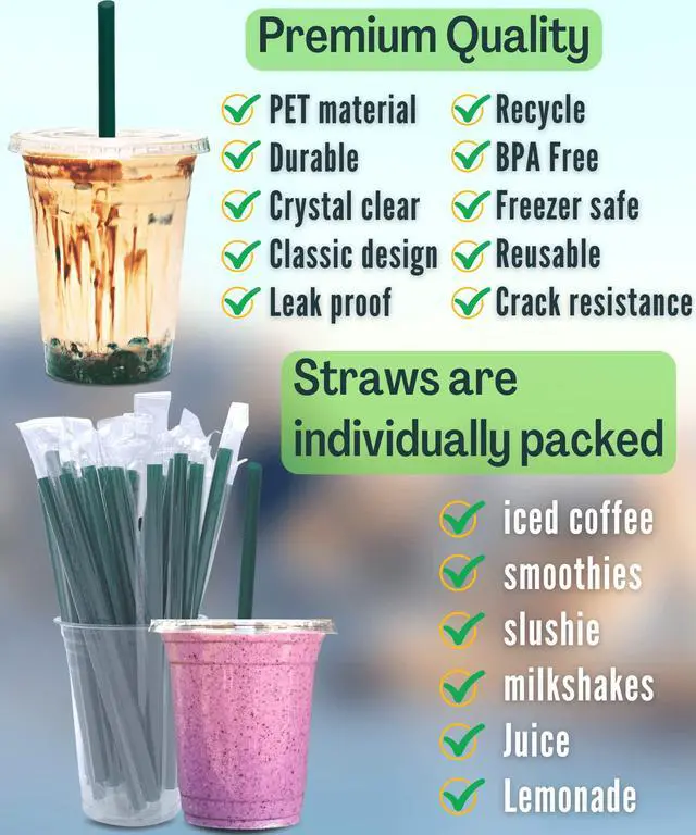 Alt view image 2 of 7 - 12 oz Clear Plastic Cups with Lids and STRAWS, Disposable Drinking Cups for Cold Drinks, Iced Coffee, Milkshakes, Smoothies, 25 Sets