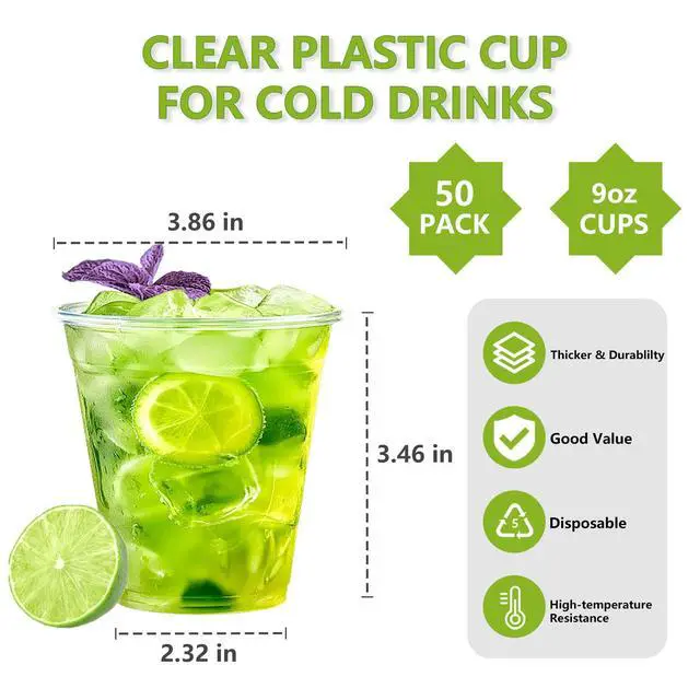Alt view image 2 of 7 - 50 Pack Extra Thick Plastic Cups 9oz Disposable Clear Cups Bulk, Smooth Plastic Disposable Cold Cups for Party Birthday Event Bar Cup, Clear Drink Cup for Juice, Ice Cream, Wine, Cocktail