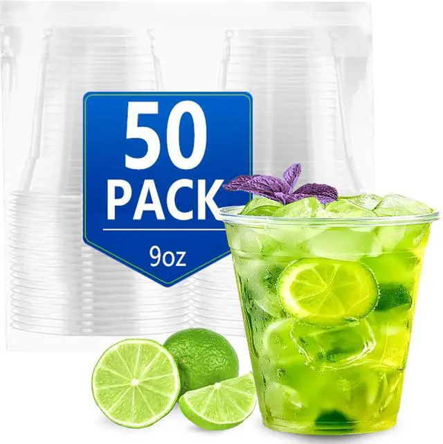 Main image of 50 Pack Extra Thick Plastic Cups 9oz Disposable Clear Cups Bulk, Smooth Plastic Disposable Cold Cups for Party Birthday Event Bar Cup, Clear Drink Cup for Juice, Ice Cream, Wine, Cocktail