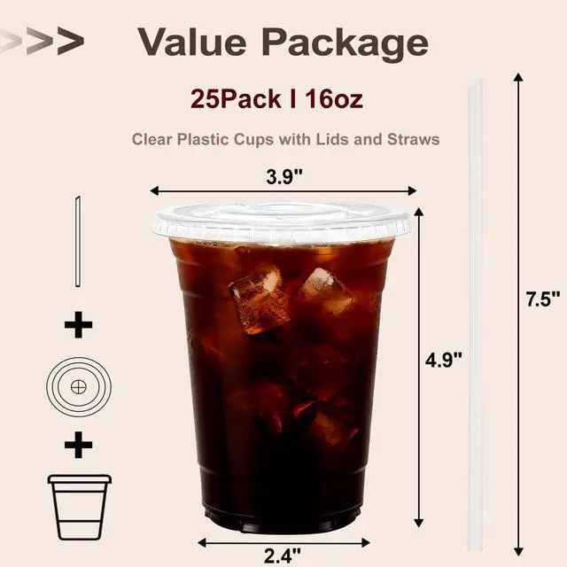 Alt view image 6 of 7 - 16oz To Go Iced Coffee Cups with Lids and Straws - 25 Pack Disposable Clear Plastic Cups with Lids for Iced Coffee, Cold Drinks, Juices, Smoothie