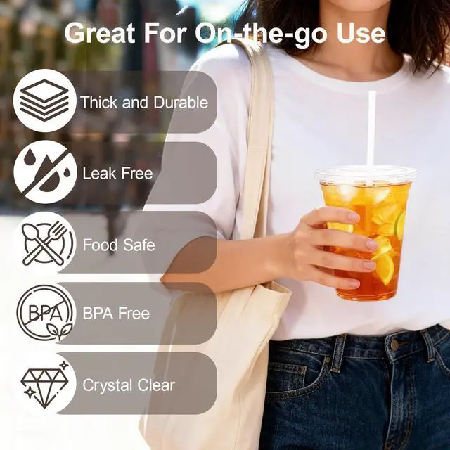 Alt view image 4 of 7 - 16oz To Go Iced Coffee Cups with Lids and Straws - 25 Pack Disposable Clear Plastic Cups with Lids for Iced Coffee, Cold Drinks, Juices, Smoothie