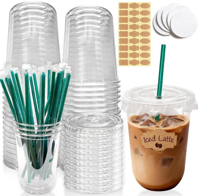 Main image of 25 Sets 16 oz Clear Plastic Cups with Lids and Straws, Disposable Iced Coffee Cups for Cold Beverages, Smoothies, Bubble Tea, Includes Leak-Proof Paper and Stickers