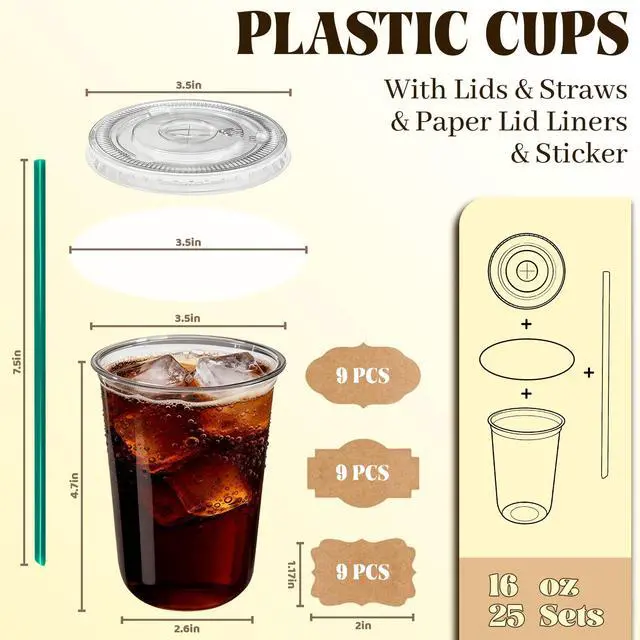 Alt view image 2 of 5 - 25 Sets 16 oz Clear Plastic Cups with Lids and Straws, Disposable Iced Coffee Cups for Cold Beverages, Smoothies, Bubble Tea, Includes Leak-Proof Paper and Stickers