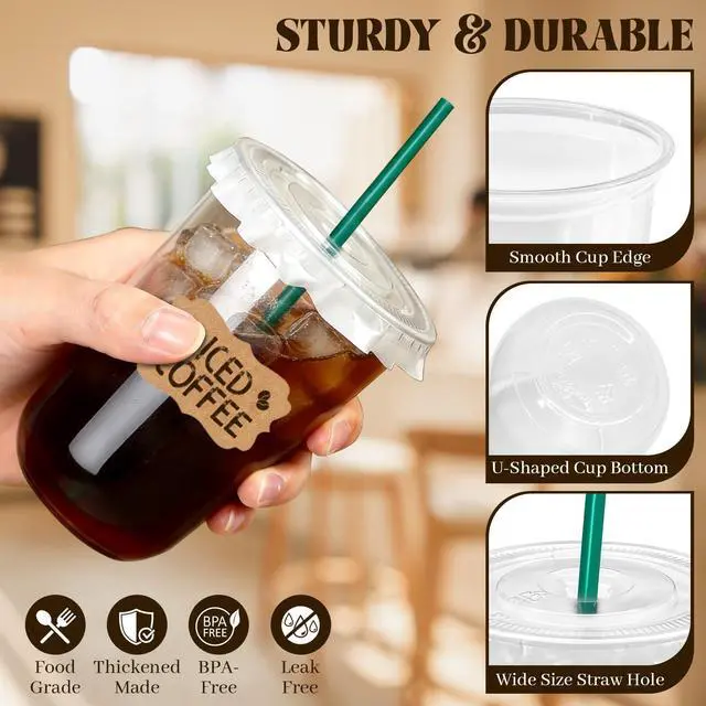 Alt view image 3 of 5 - 25 Sets 16 oz Clear Plastic Cups with Lids and Straws, Disposable Iced Coffee Cups for Cold Beverages, Smoothies, Bubble Tea, Includes Leak-Proof Paper and Stickers