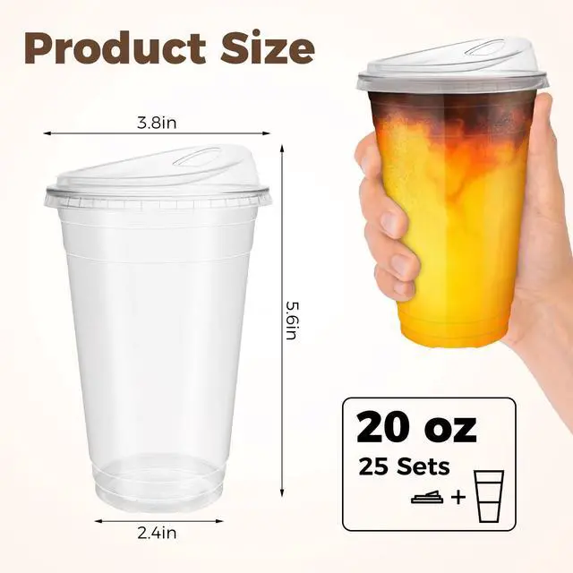 Alt view image 2 of 7 - 25 Sets 20 oz Plastic Cups with Strawless Sip Lids, Disposable Iced Coffee Cups with Lids, Clear Plastic Cups with Lid for Cold Beverage, Smoothies, Juices