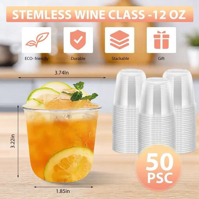 Alt view image 2 of 6 - Disposable Stemless Clear Plastic Cups 12OZ NATURAL Arc Plant Based wine glasses For Parties Weddings Birthdays Cocktail BPA Free Recyclable Clear Cold Cups (Set of 50)