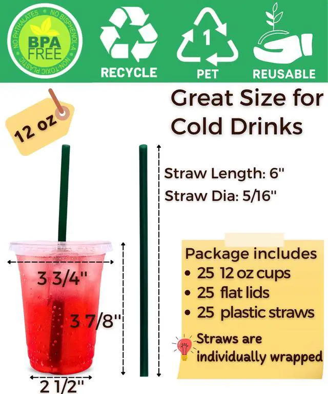 Alt view image 2 of 7 - 12 oz Clear Plastic Cups with Lids and Straws, Disposable Coffee Cups 25 Sets