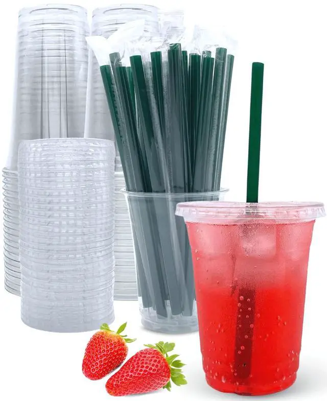 Main image of 12 oz Clear Plastic Cups with Lids and Straws, Disposable Coffee Cups 25 Sets