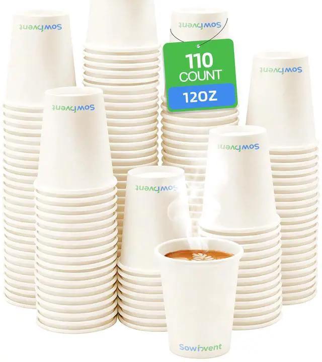 Main image of 12 oz 110 Count Disposable Coffee Cups, White Hot/Cold Beverage Drinking Cup for Water Iced Juice or Tea, Office Home Travel