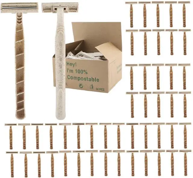Main image of Biodegradable Disposable Razors Bulk 50 Pack Eco-Friendly Wheat Straw Twin Blade Shavers for Men & Women Non-Toxic, Plastic-Free Packaging, Travel & Hotel Ready